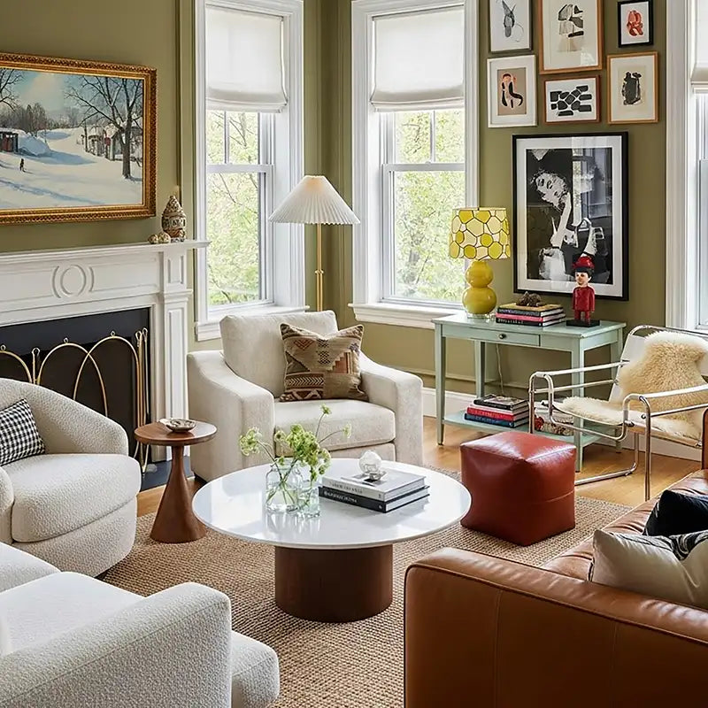 Living room with a fireplace, ABCASA cove armchairs, and a coffee table.