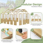 Modular design with installation steps and pre-assembled panels of the ABCASA wooden greenhouse.