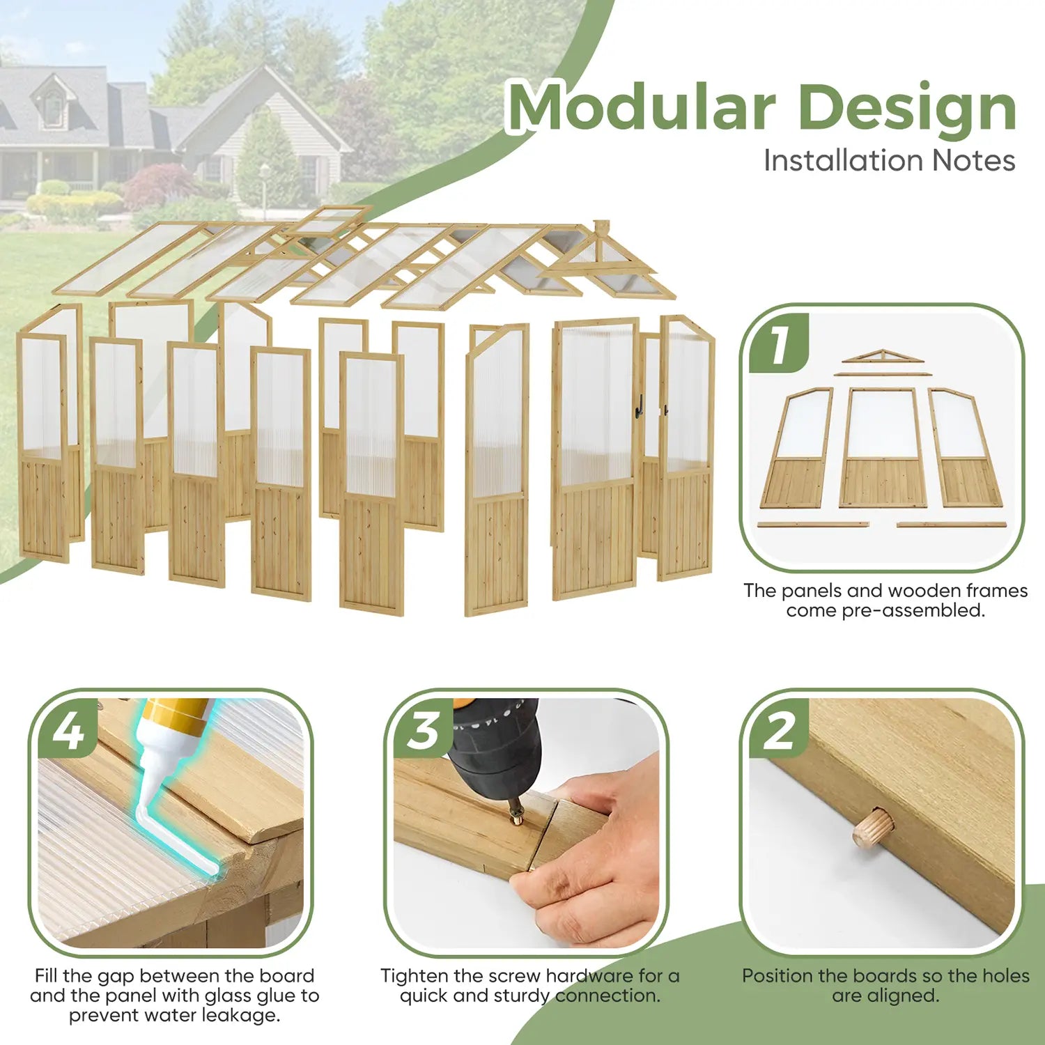 Modular design with installation steps and pre-assembled panels of the ABCASA wooden greenhouse.
