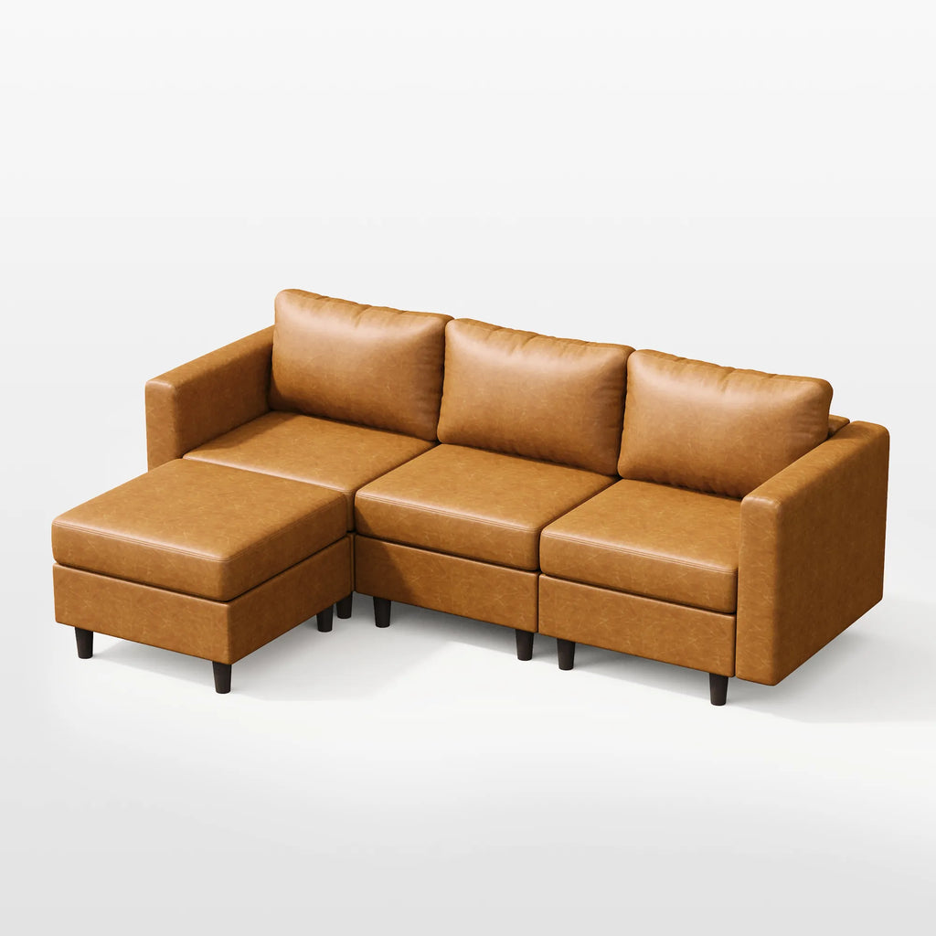 Angled top view of the ABCASA Moro 4-piece modular sofa in saddle tan showing cushions and ottoman placement