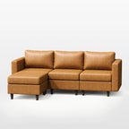 Angled view of the ABCASA Moro 3-seat modular sofa in saddle tan showing modular connectors and structure