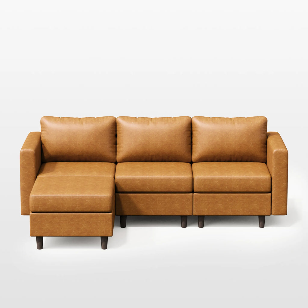 ABCASA Moro 4-piece modular sofa in saddle tan with a compact three-seat layout and matching ottoman