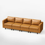 Angled view of the ABCASA Moro 4-piece modular sofa in saddle tan showing structured cushions