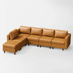 Angled view of the ABCASA Moro 6-piece modular sofa in saddle tan highlighting sectional configuration