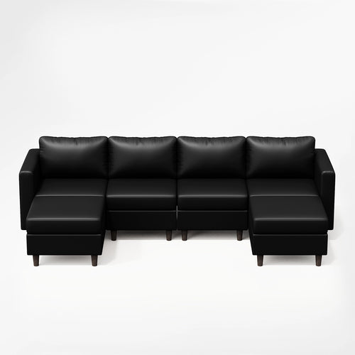 ABCASA Moro 6-piece modular sofa in classic black faux leather, front view.