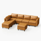 Angled view of the ABCASA 7-piece modular sofa in saddle tan highlighting wide seating