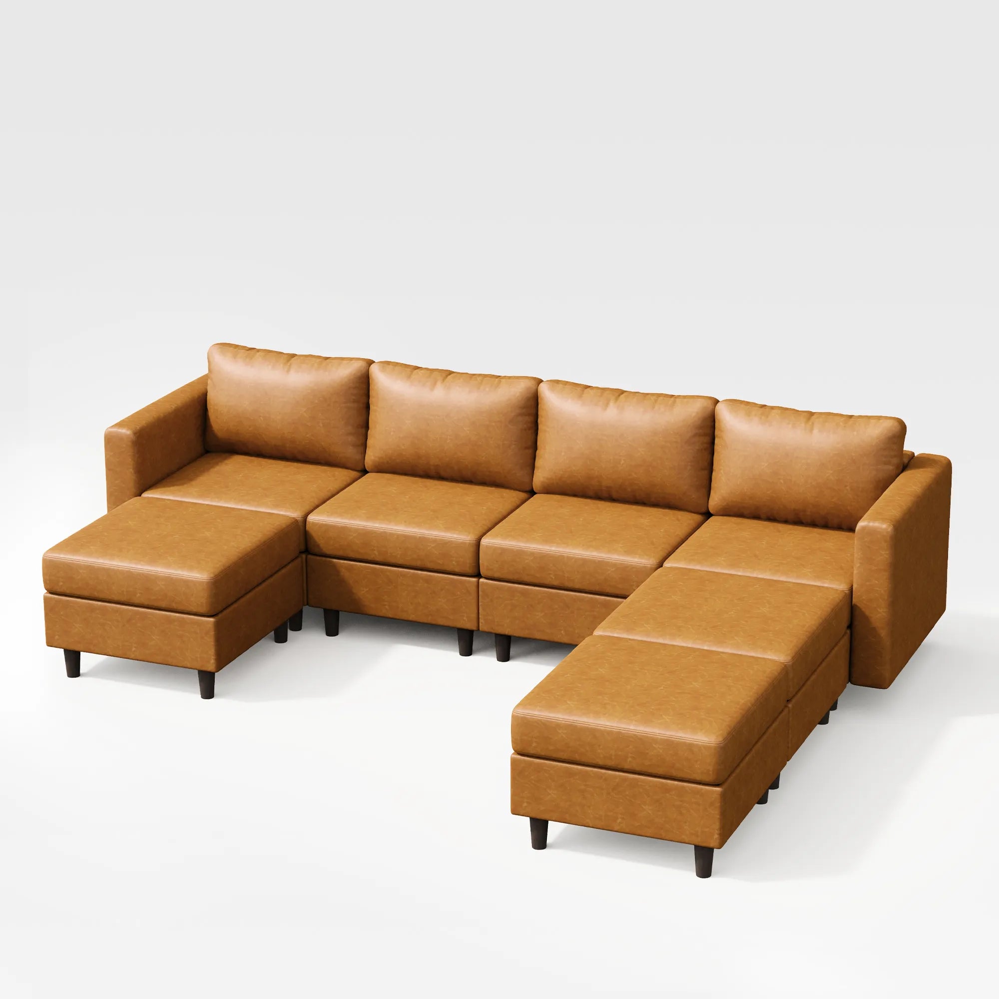 Angled view of the ABCASA Moro 7-piece modular sofa in saddle tan emphasizing overall scale