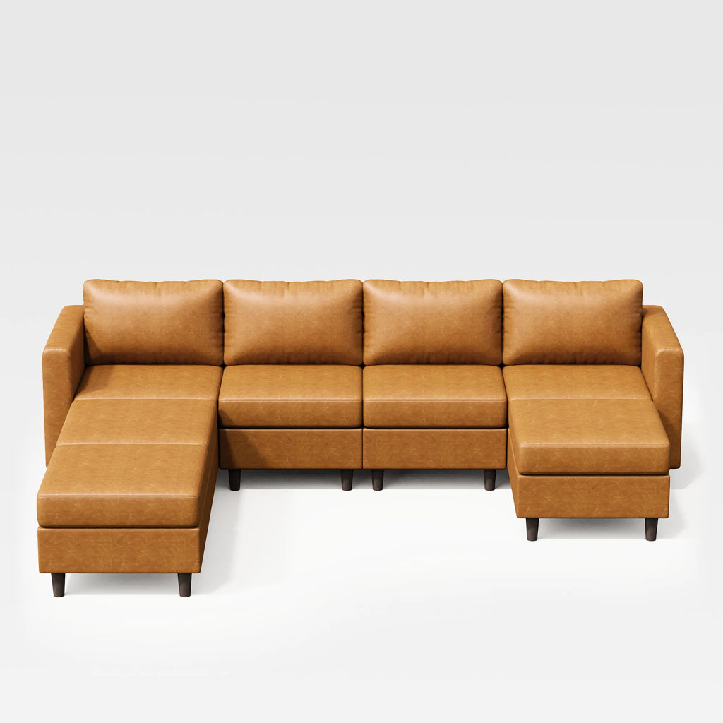 ABCASA Moro 7-piece modular sofa in saddle tan designed for expansive sectional seating with ottomans