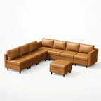 Angled view of the ABCASA Moro 8-piece modular sofa in saddle tan showing a spacious layout