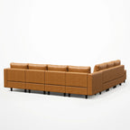 Back view of the ABCASA Moro 8-piece modular sofa in saddle tan showing a long modular back profile