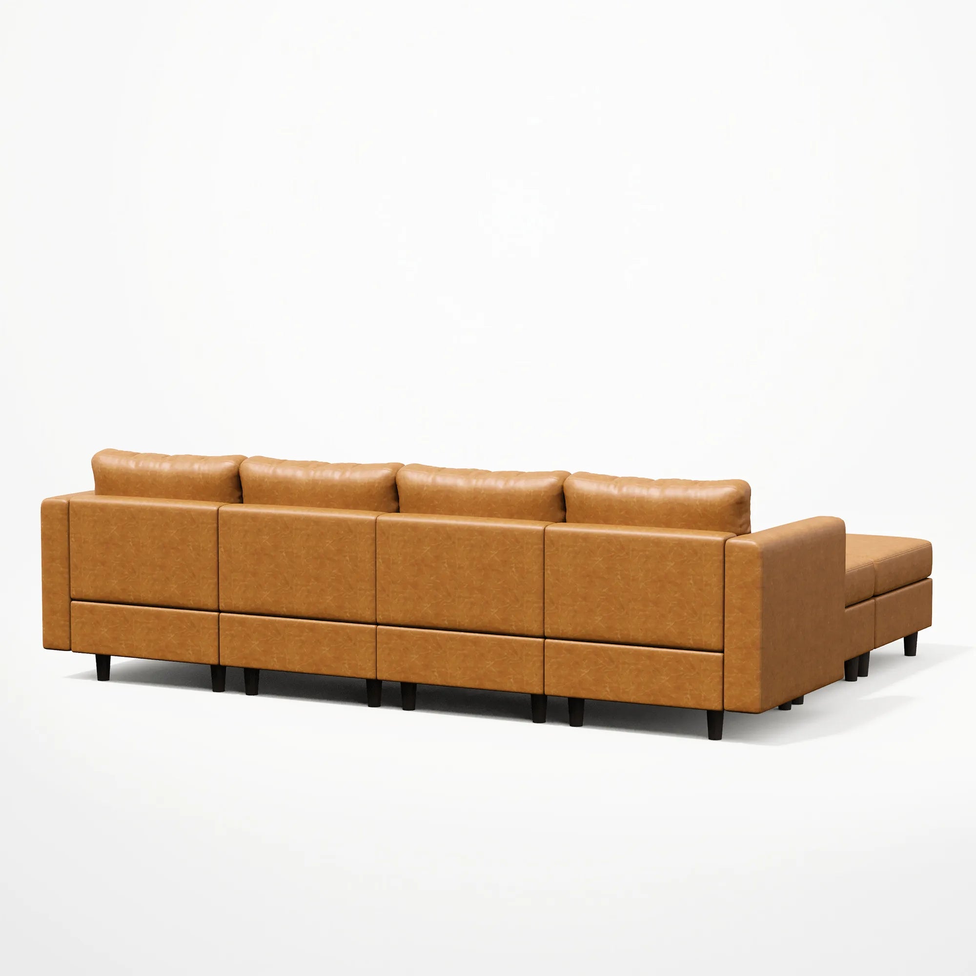 Rear view of ABCASA Moro 8-piece modular sofa with multiple ottomans.