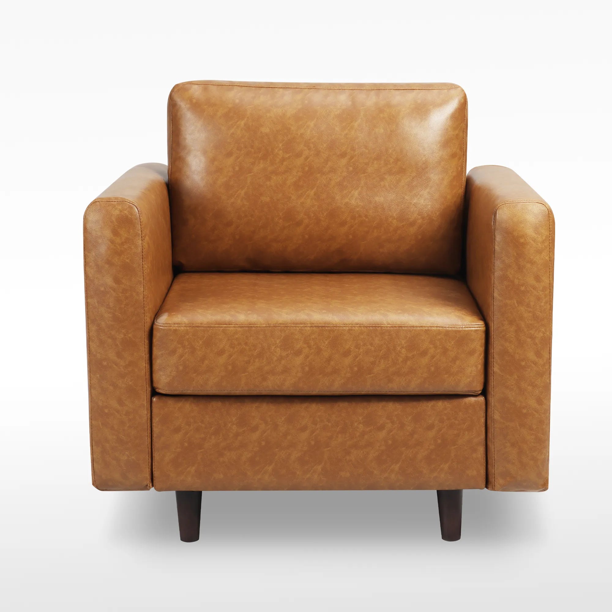 Front view of the ABCASA Moro saddle tan accent chair, highlighting modern form.