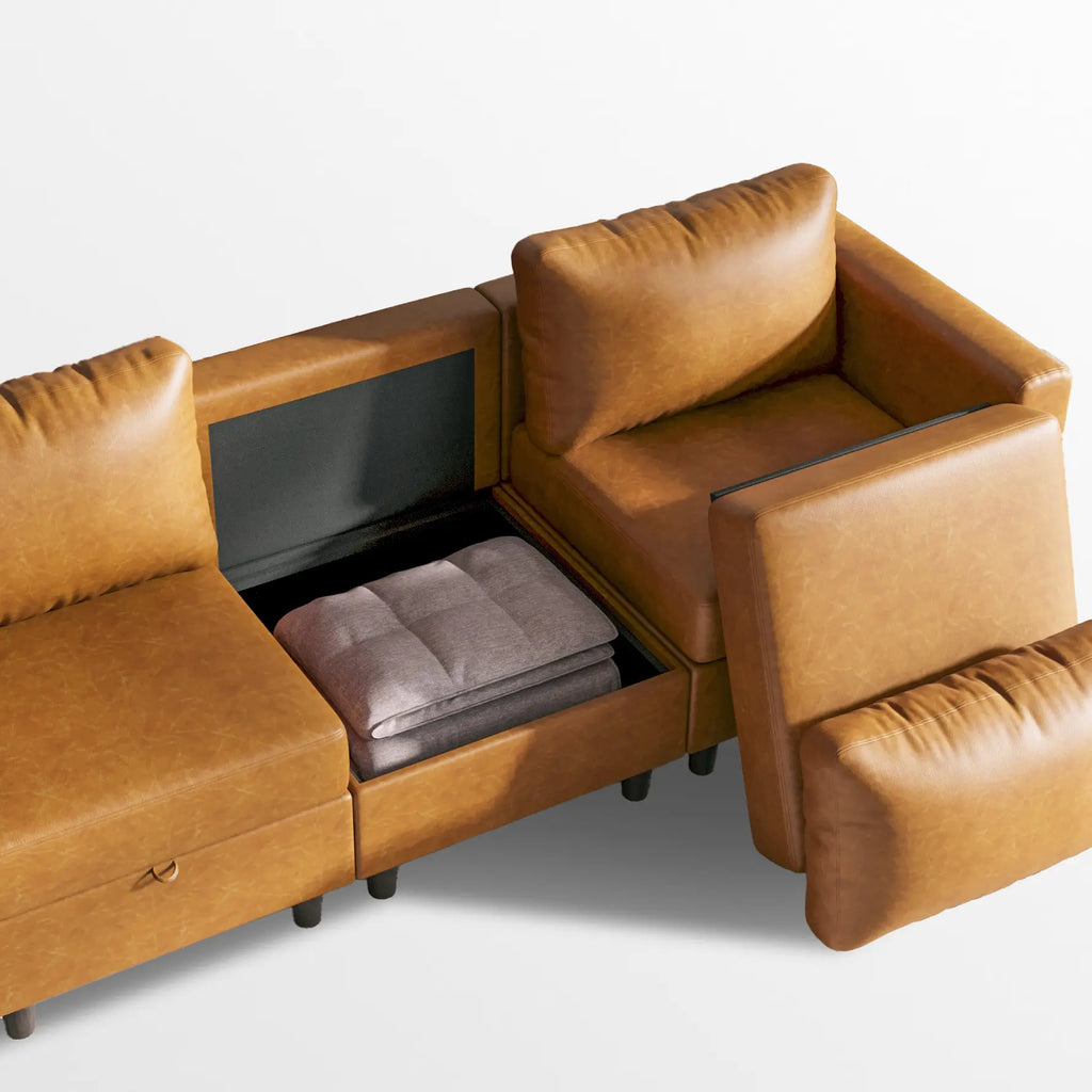 ABCASA Moro brown vegan leather sectional sofa with hidden storage compartment.