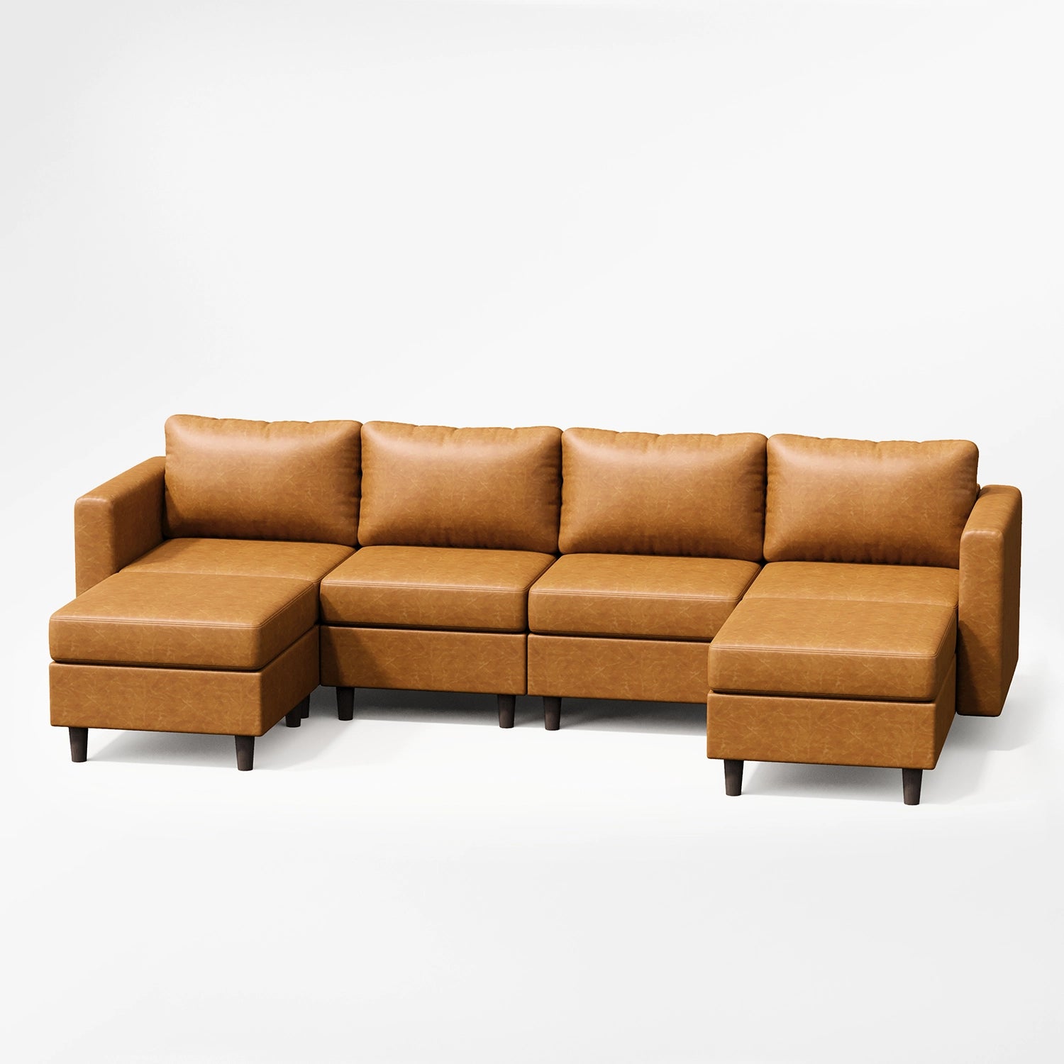 Angled view of the ABCASA Moro modular sofa in saddle tan faux leather.
