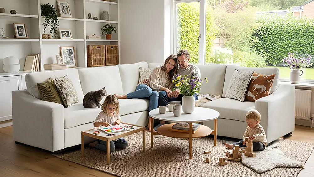 A modern family living room with ABCASA’s off-white L-shaped sectional sofa, featuring rounded edges, throw pillows, easy-clean fabrics, and under-seat storage. A smiling couple sits with their two young children and a gray cat, surrounded by coffee tables, wildflowers, and garden views—capturing ABCASA’s family-first comfort philosophy.