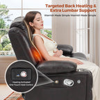 Woman using ABCASA recliner sofa with targeted back heating and extra lumbar support in a bright room.