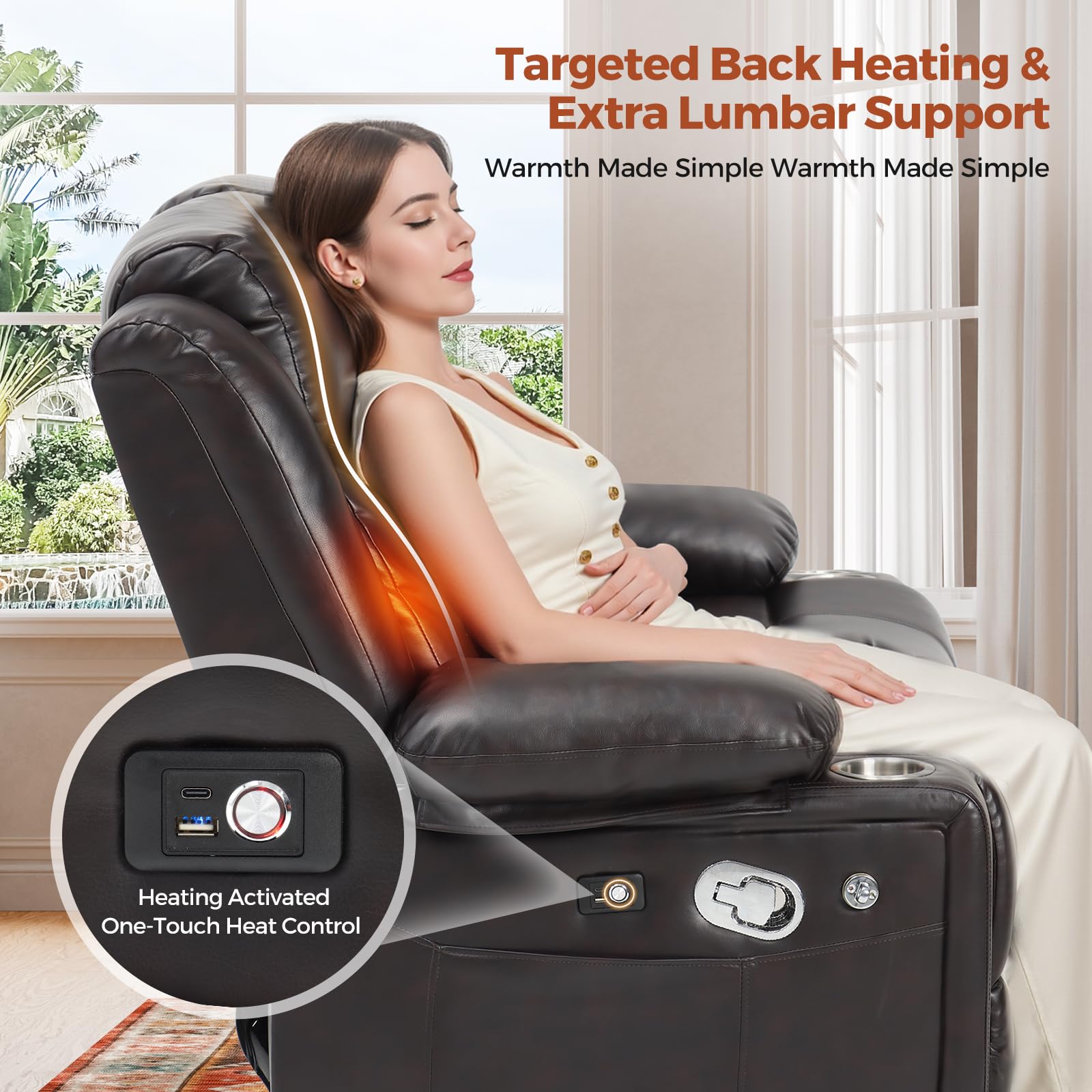 Woman using ABCASA recliner sofa with targeted back heating and extra lumbar support in a bright room.