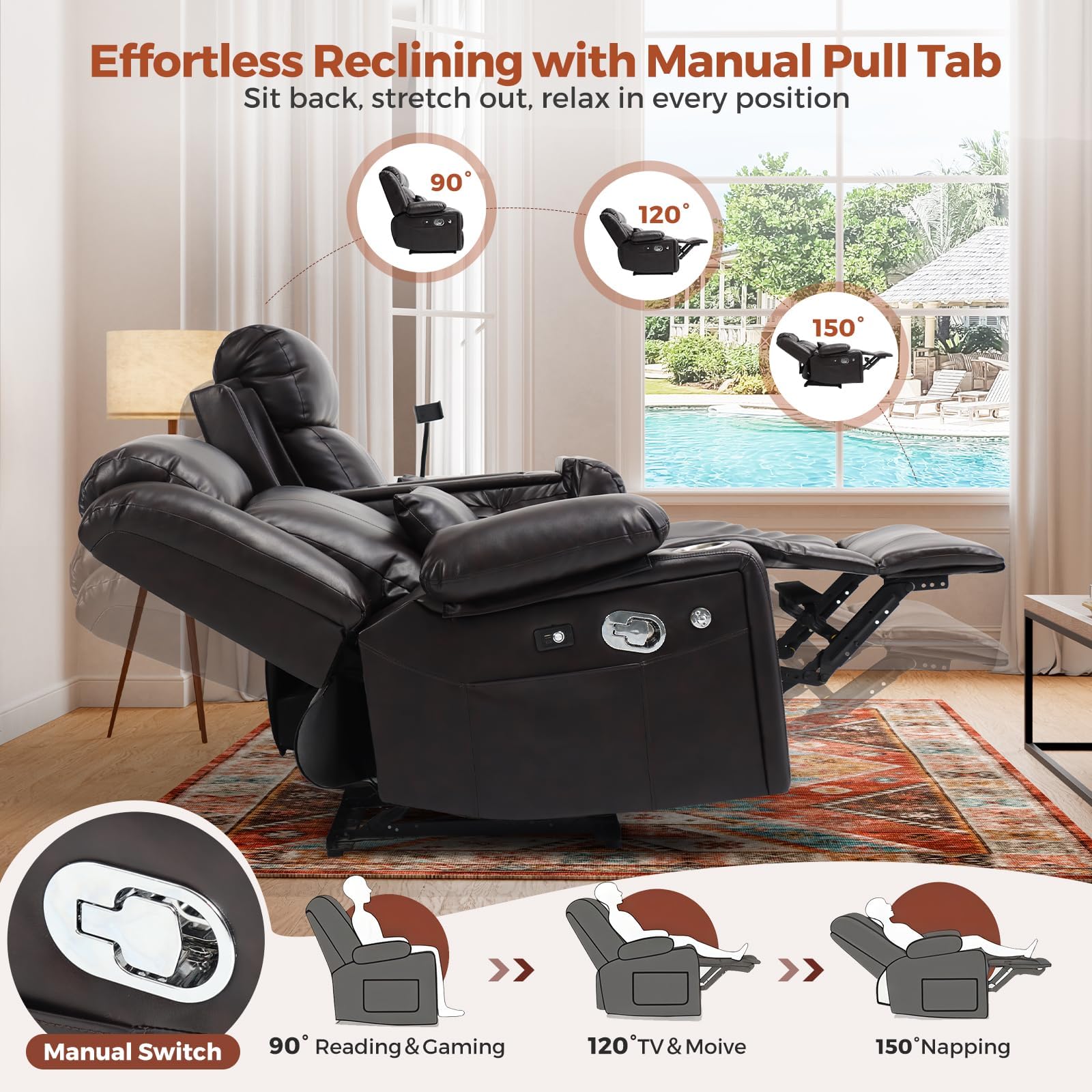 ABCASA power recliner sofa showing different reclining positions with side button close-up.