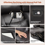 Collage of ABCASA recliner sofa with various features highlighted, including power outlet, phone holders, heating button, charging port, side pockets, and footrest.