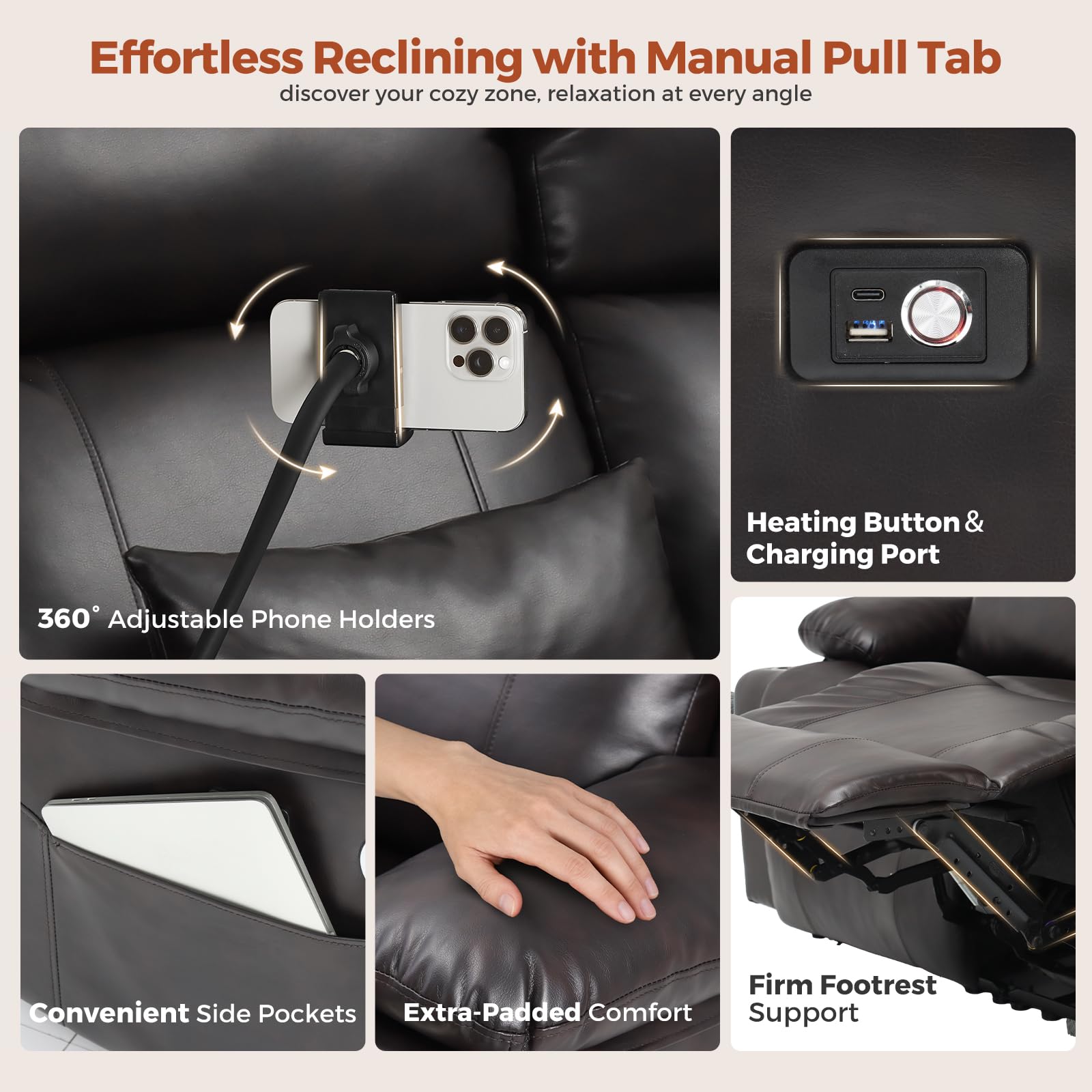 Collage of ABCASA recliner sofa with various features highlighted, including power outlet, phone holders, heating button, charging port, side pockets, and footrest.