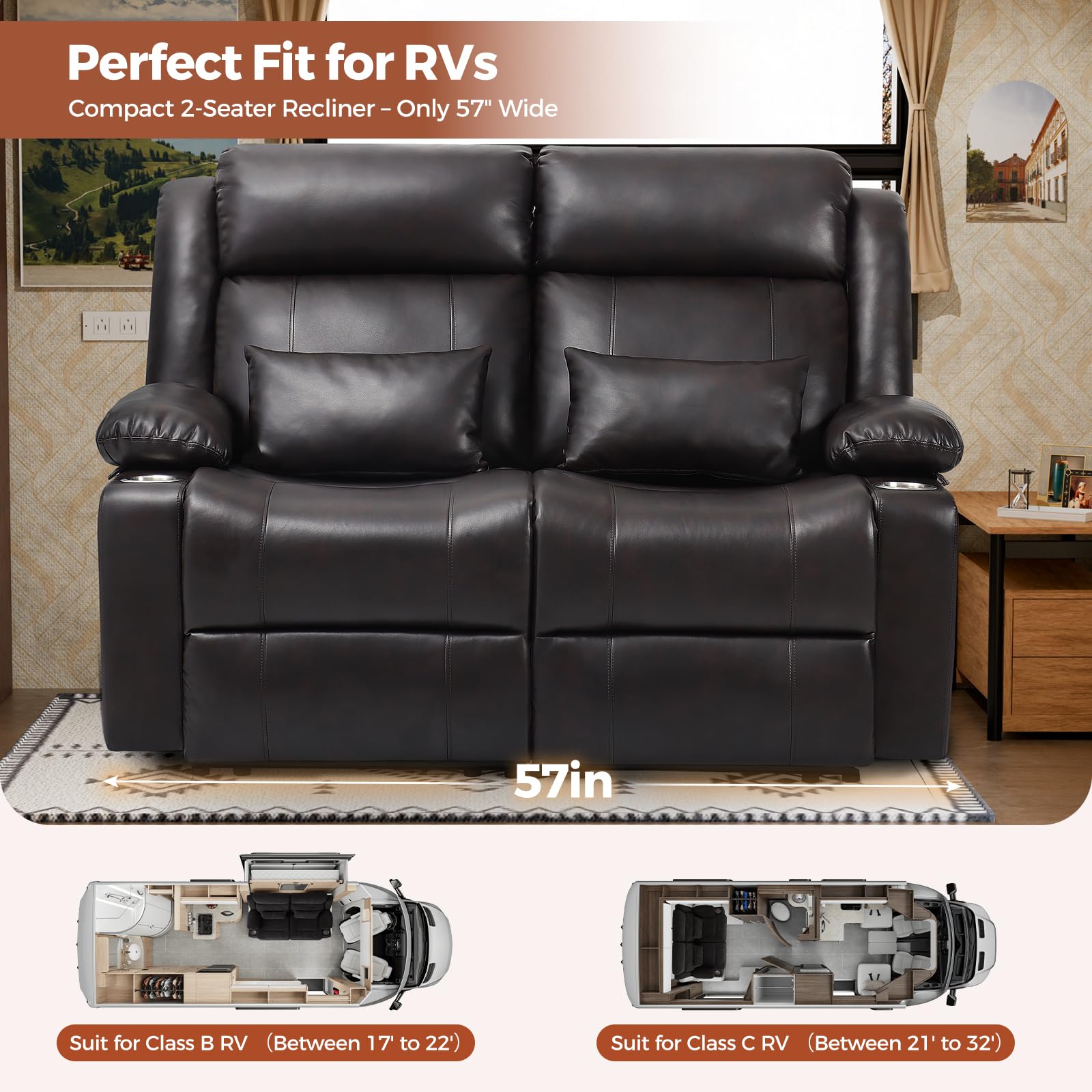 ABCASA PU leather power recliner sofa suitable for RVs with dimensions and compatibility information.