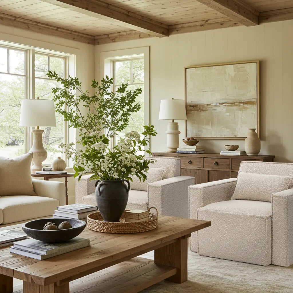 ABCASA living room styled with cream-colored tofu armchairs, rustic wood coffee table, abstract artwork, and vaulted ceiling with exposed beams—sunlit space designed with natural textures and calming aesthetics to invite connection and warmth.