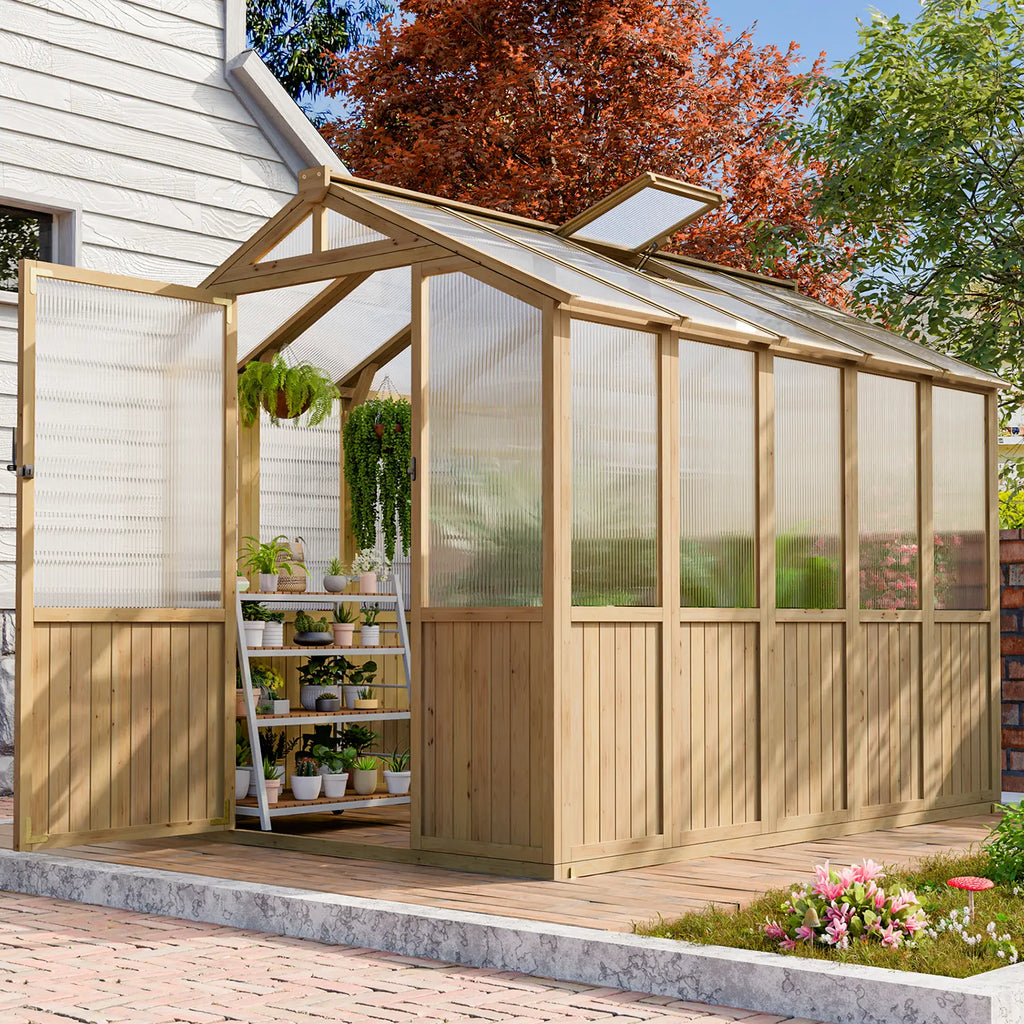 ABCASA wooden greenhouse placed beside a residential home, filled with vibrant flowers and plants under a clear sunny sky.