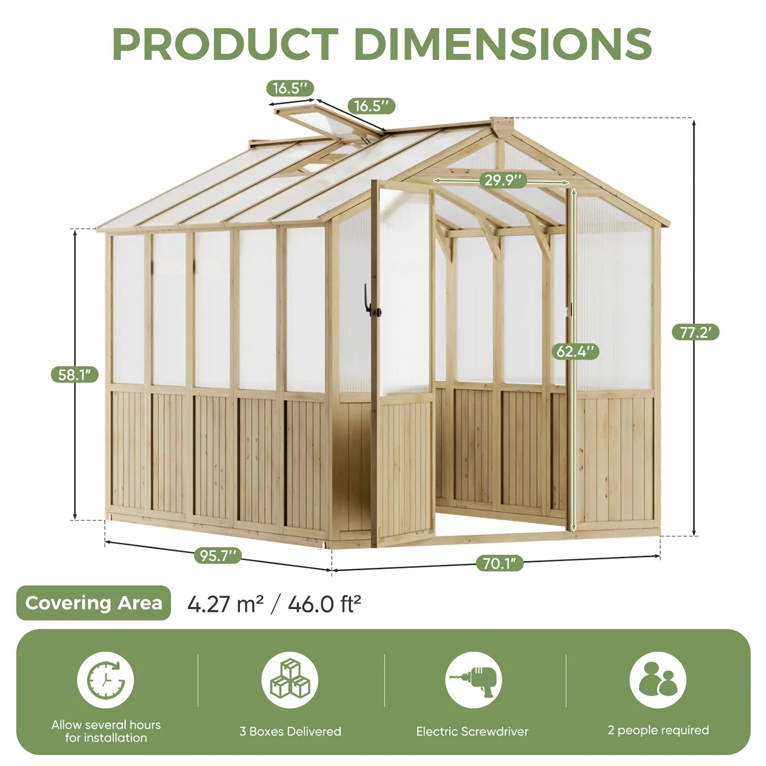 ABCASA greenhouse dimensions, shipping info (3 boxes), and 2-person assembly guide with required tools on a white background.