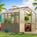 ABCASA wooden greenhouse in a lush garden setting, filled with blooming flowers and potted plants on a sunny day.