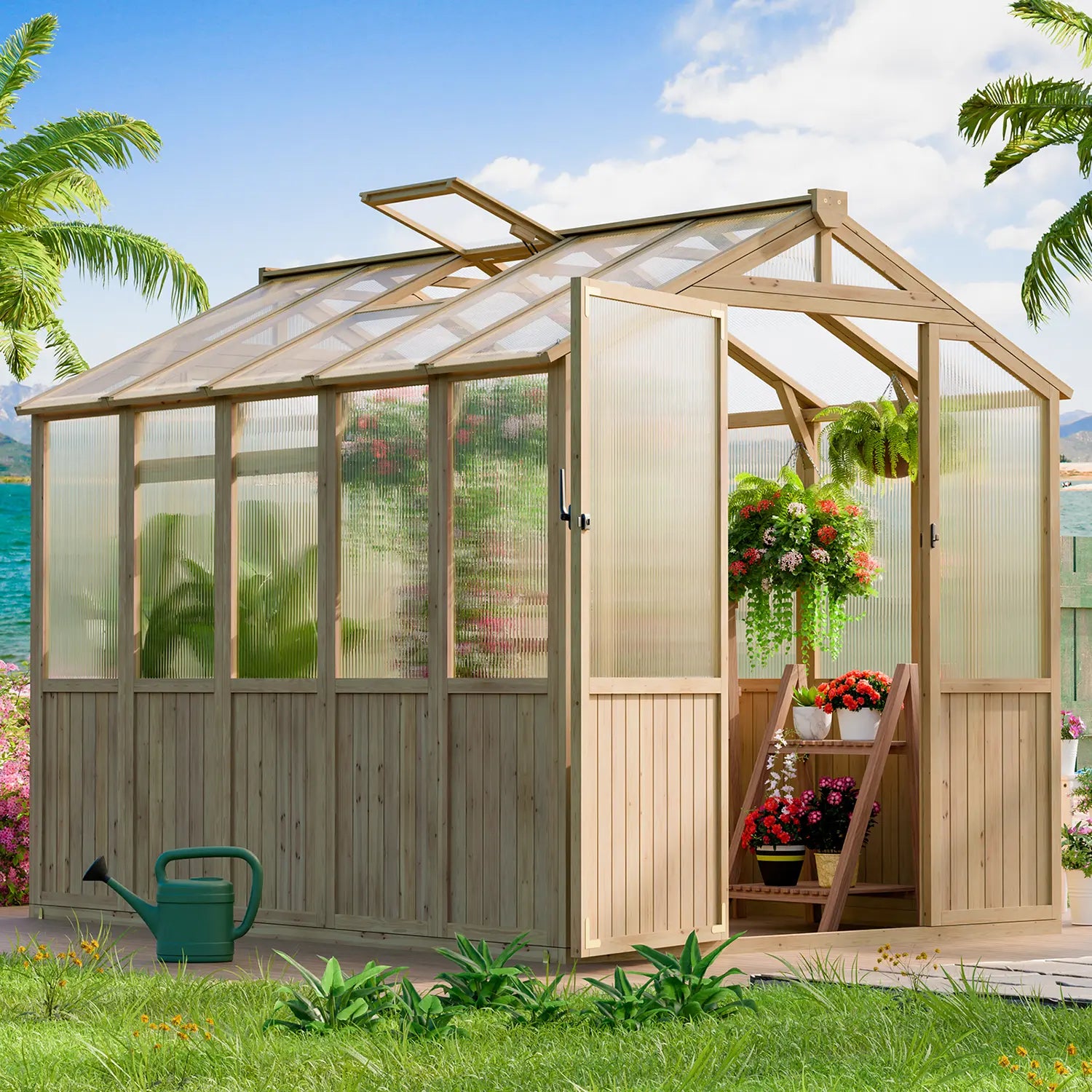 ABCASA wooden greenhouse in a lush garden setting, filled with blooming flowers and potted plants on a sunny day.