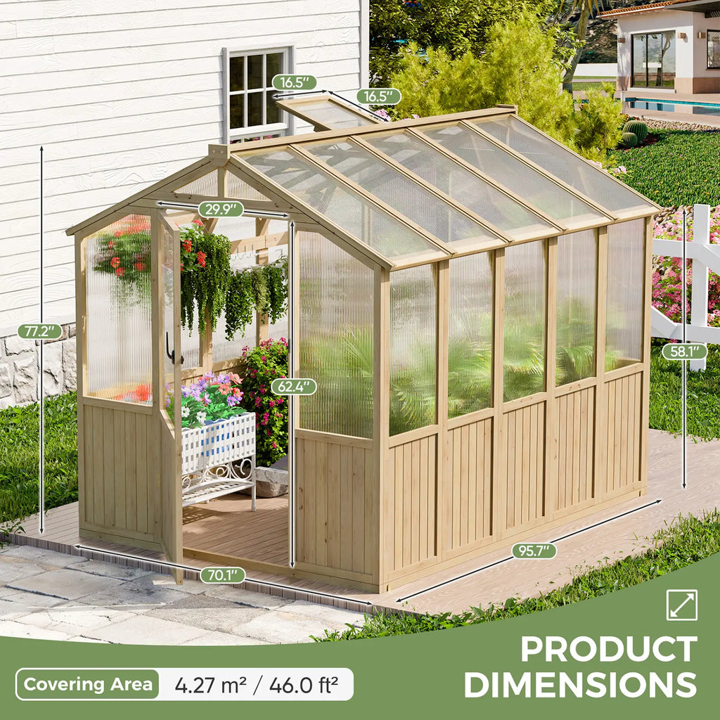 Diagram of ABCASA wooden greenhouse dimensions and size specifications shown in a backyard setting.
