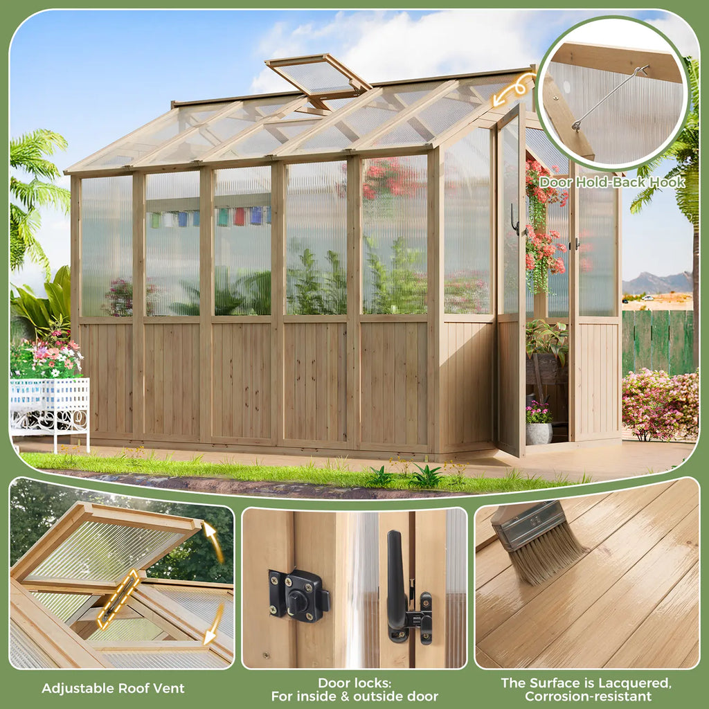 Close-up of ABCASA wooden greenhouse features: adjustable roof vent, dual-sided door locks, and corrosion-resistant lacquered wood surface.