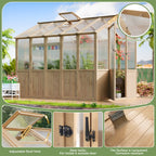 Close-up of ABCASA wooden greenhouse features: adjustable roof vent, dual-sided door locks, and corrosion-resistant lacquered wood surface.