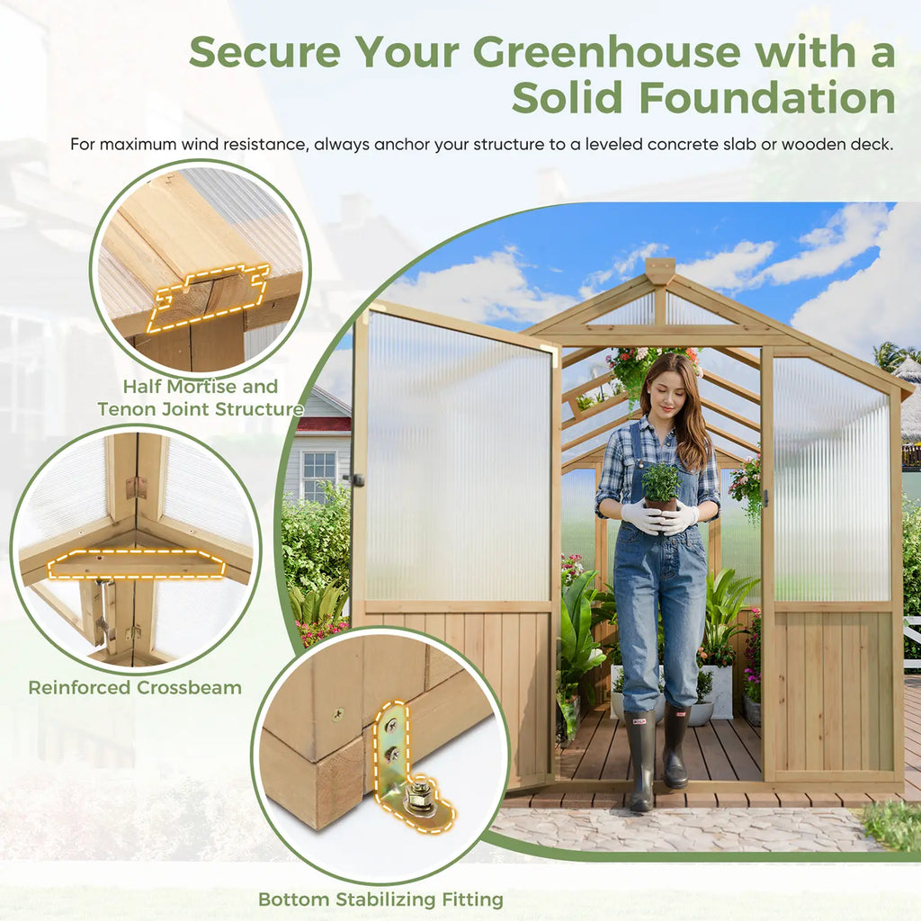 Close‑ups of mortise‑and‑tenon joint, reinforced crossbeam, and bottom stabilizing fitting of ABCASA wooden greenhouse.
