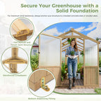 Close‑ups of mortise‑and‑tenon joint, reinforced crossbeam, and bottom stabilizing fitting of ABCASA wooden greenhouse.