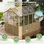 A split-screen view of the ABCASA wooden greenhouse in sunny and rainy weather, showcasing its year-round durability and weather resistance.