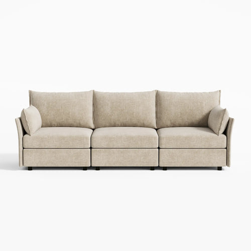 Modern beige 3-seat Huddle sofa, a flexible modular seating solution for large living rooms.