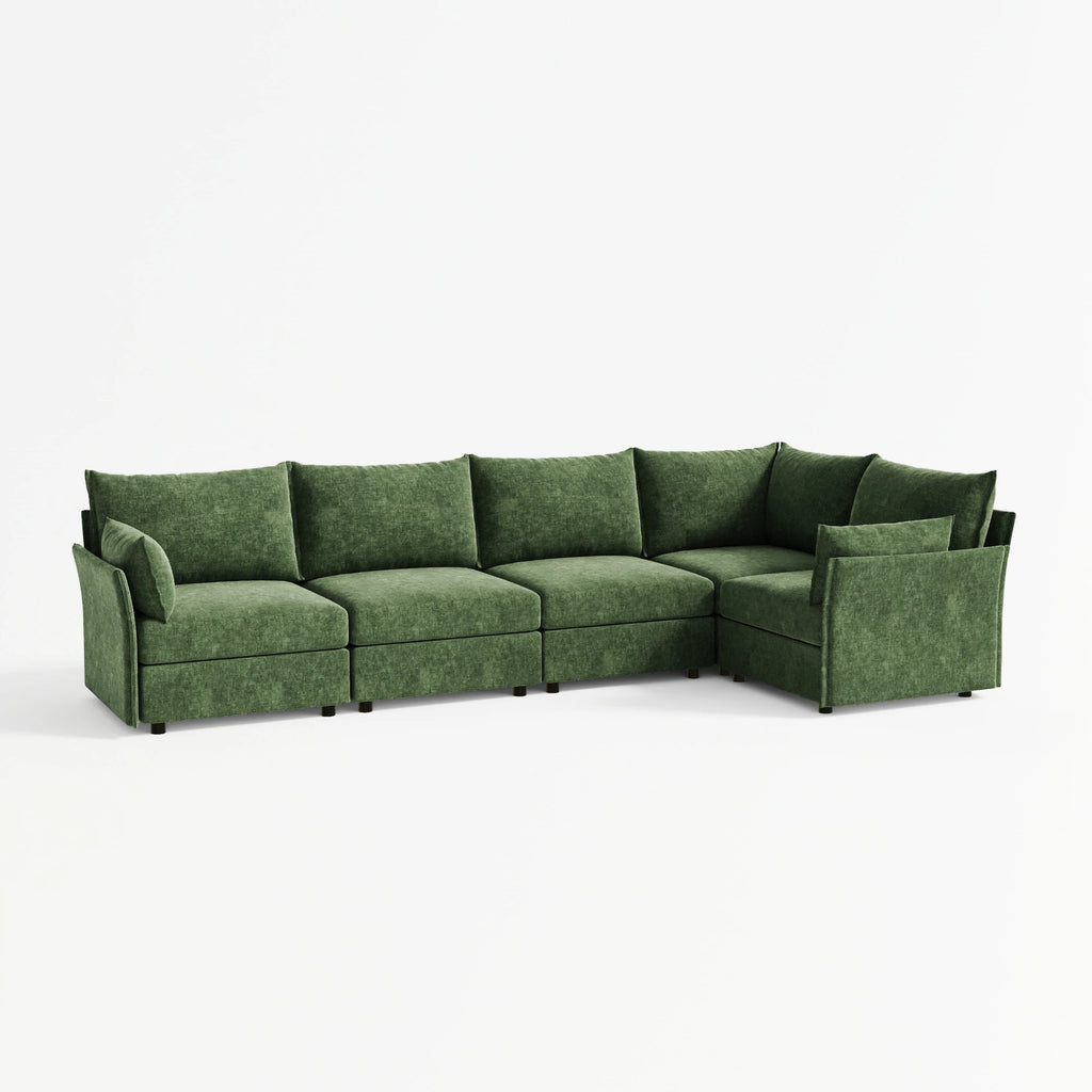 ABCASA Huddle 5-piece L-shaped modular sectional in forest green chenille.