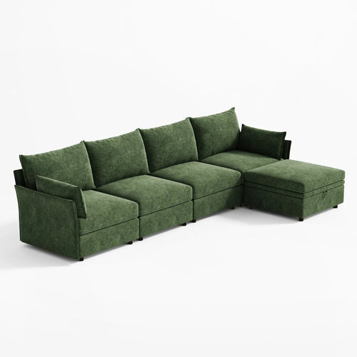 Three-quarter view highlighting the flexible chaise layout of the 135-inch Huddle sofa.