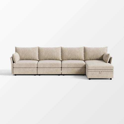 Modern beige Huddle 5-piece modular set with an extra-wide 135-inch sofa and ottoman.