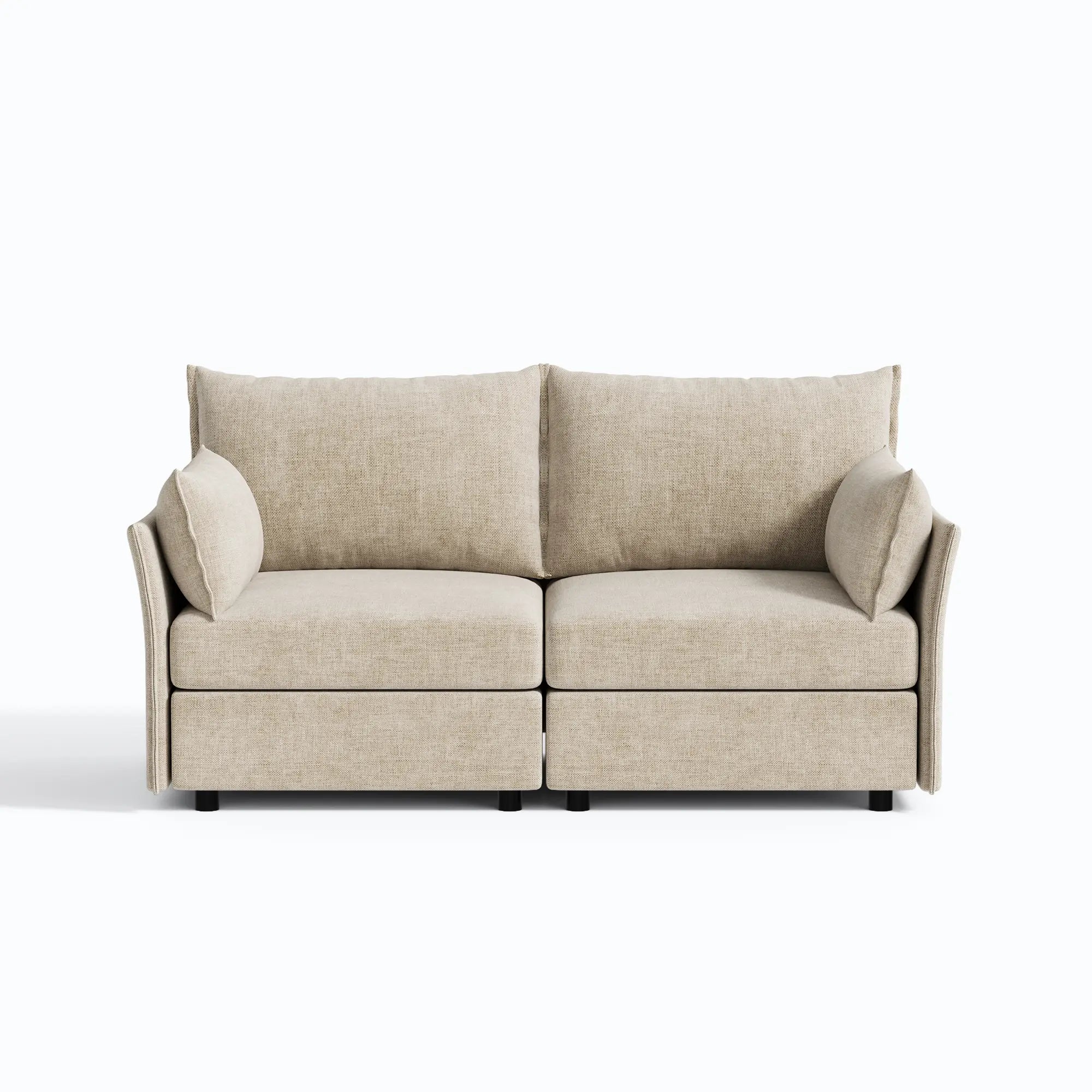 Neutral beige ABCASA Huddle 71-inch loveseat with a modern, low-profile design.