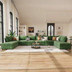 ABCASA Huddle green U-shaped sectional in a scandi-style living room.